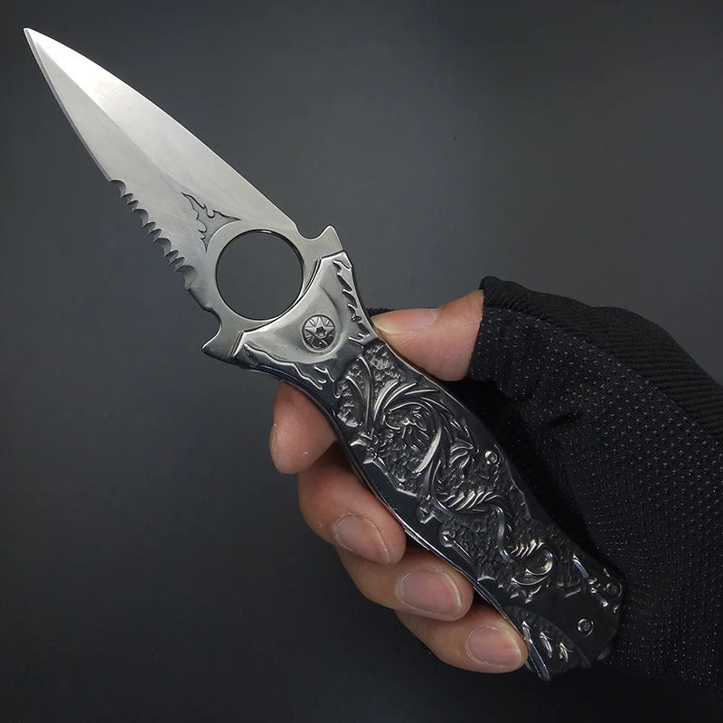 All Steel Mirror light Silvery Titanium Blade Dragon Outdoor Camping Collection Survival Pocket Knife Tactical knifes 3D Carving