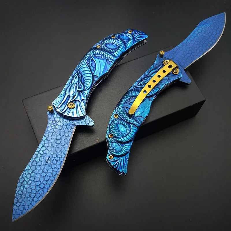 9" DRAGON BLUE TITANIUM Folding Pocket Knife Cosplay Fade Collection 3D Graphic survival camping Knives Good Quality Wholesale