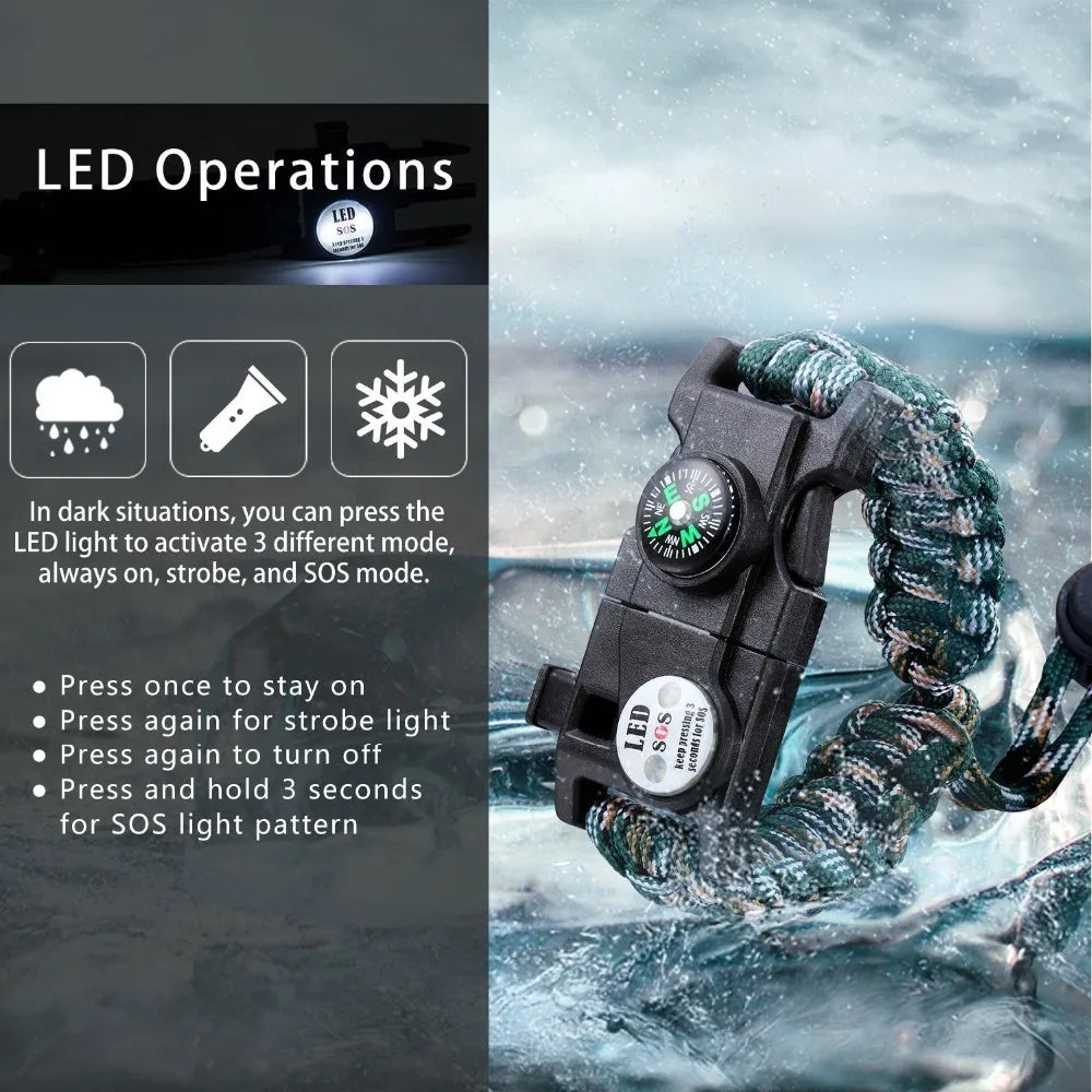 Outdoor Survival Paracord Survive Bracelet Camp Equipment Emergency Multi Tool Braided Pulseras Rescue Rope SOS Flash Wristband