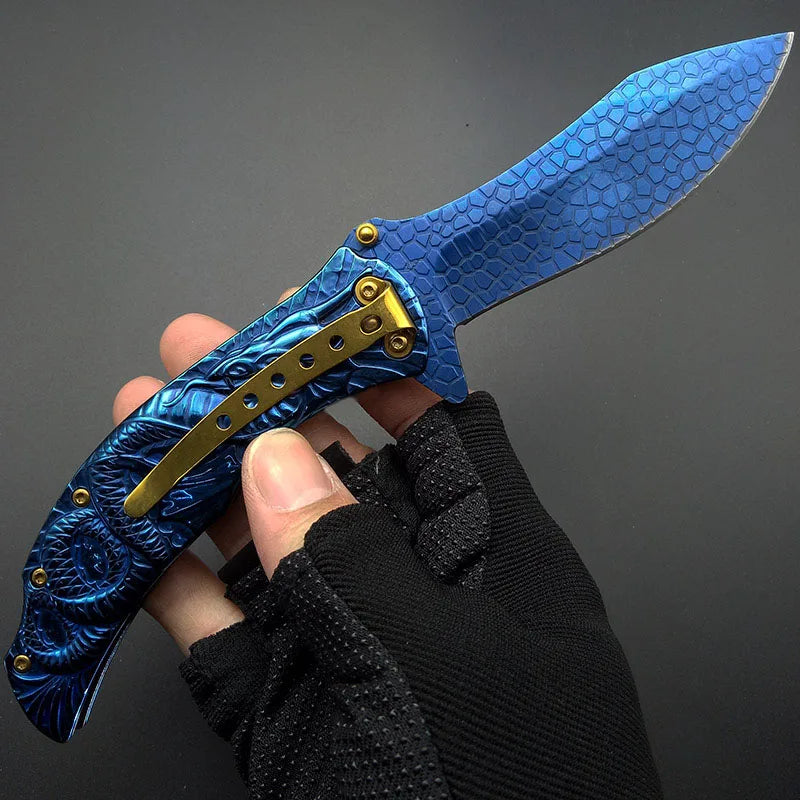 9" DRAGON BLUE TITANIUM Folding Pocket Knife Cosplay Fade Collection 3D Graphic survival camping Knives Good Quality Wholesale