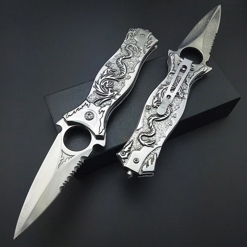 All Steel Mirror light Silvery Titanium Blade Dragon Outdoor Camping Collection Survival Pocket Knife Tactical knifes 3D Carving