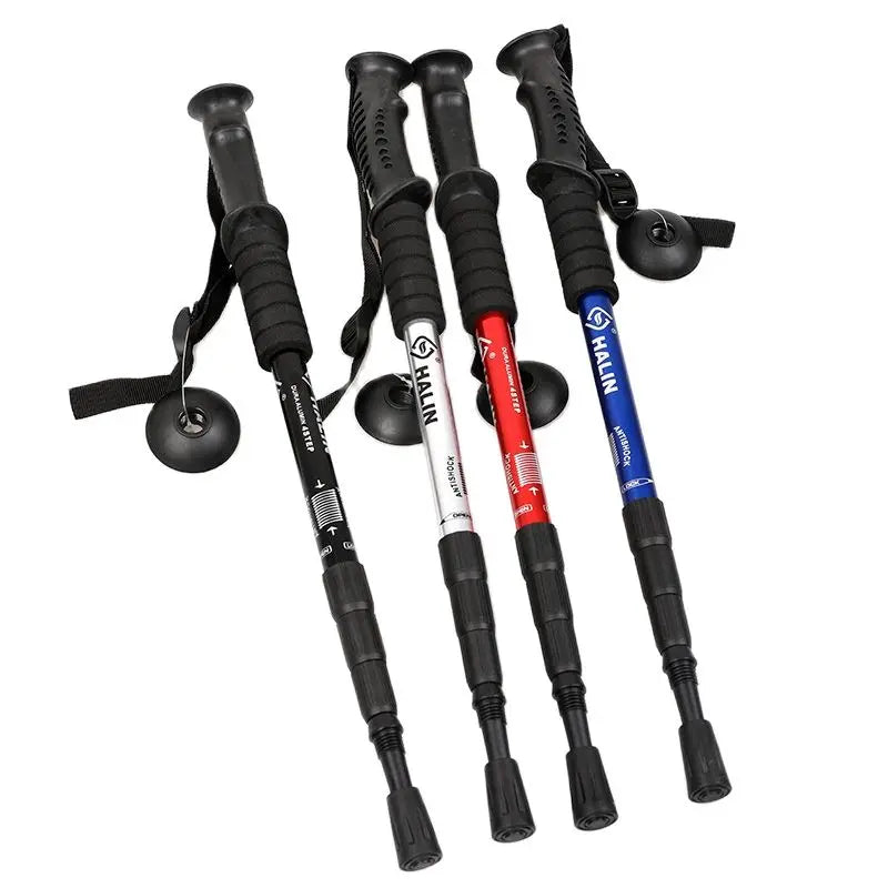 Alloy Hiking Pole Walking Stick 4-Section Alpenstock Straight Grip Handle