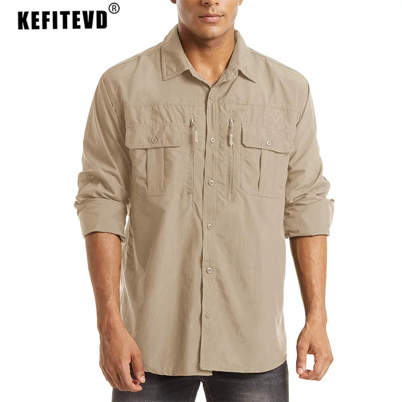 KEFITEVD Quick Drying Long Sleeve Shirts With Chest Pockets Mens Breathable Hiking Shirt Outdoor Walking Camping Work Shirt Tops