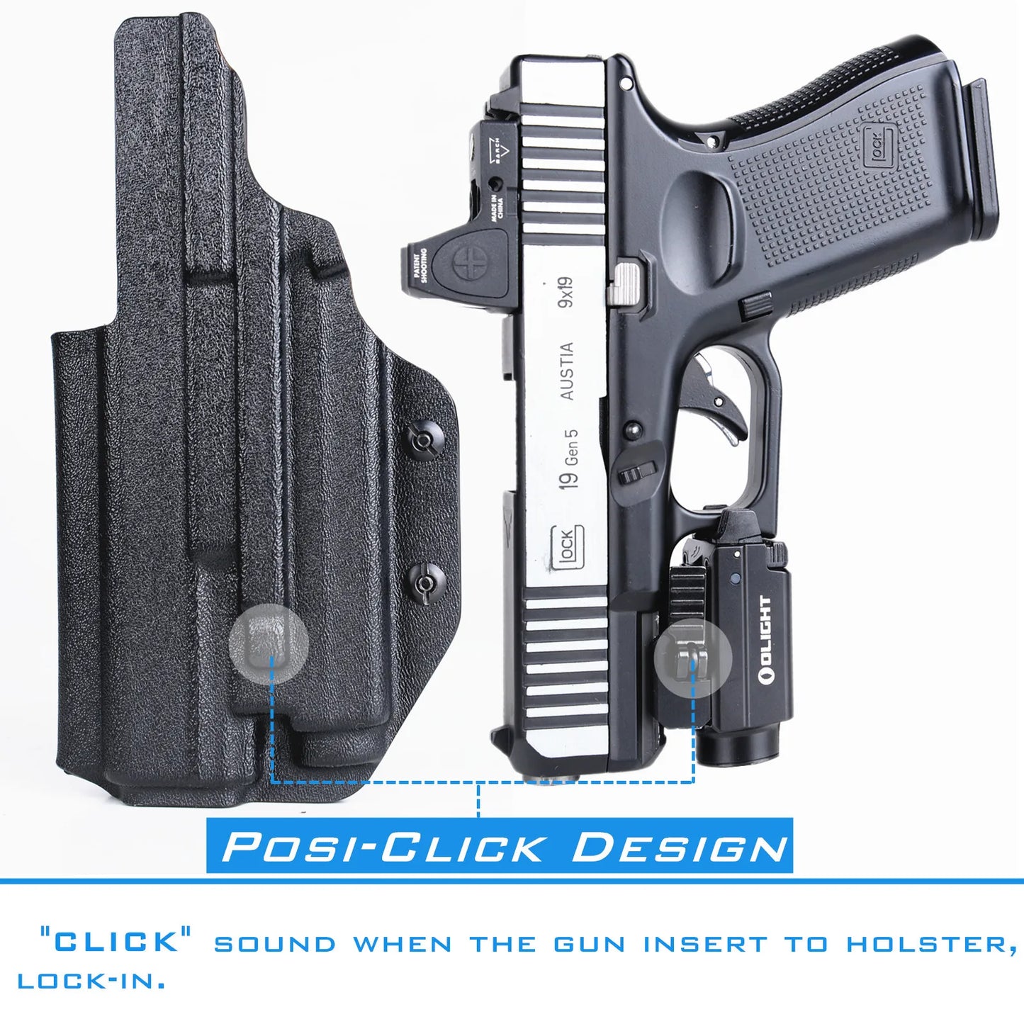 IWB Kydex Holster for Glock 17 22 31 with Olight Baldr Mini 600 Lumens Tactical Flashlight Inside Waistband Concealed Carry