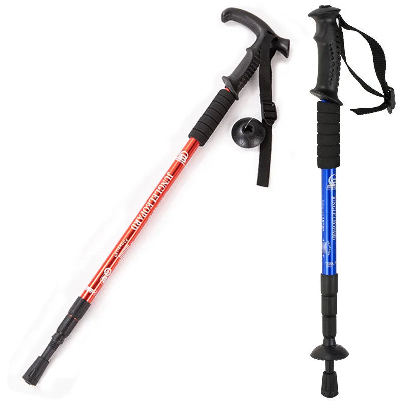 Alloy Hiking Pole Walking Stick 4-Section Alpenstock Straight Grip Handle