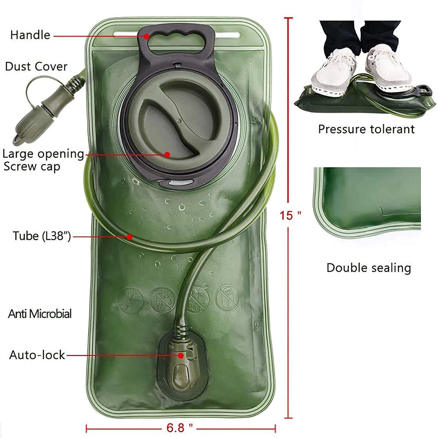 Green Water Storage Bladder Bag: AXEN 2L Leak-Proof Reservoir for Hydration Packs, BPA-Free, Ideal for Cycling with Large Refilling Cap