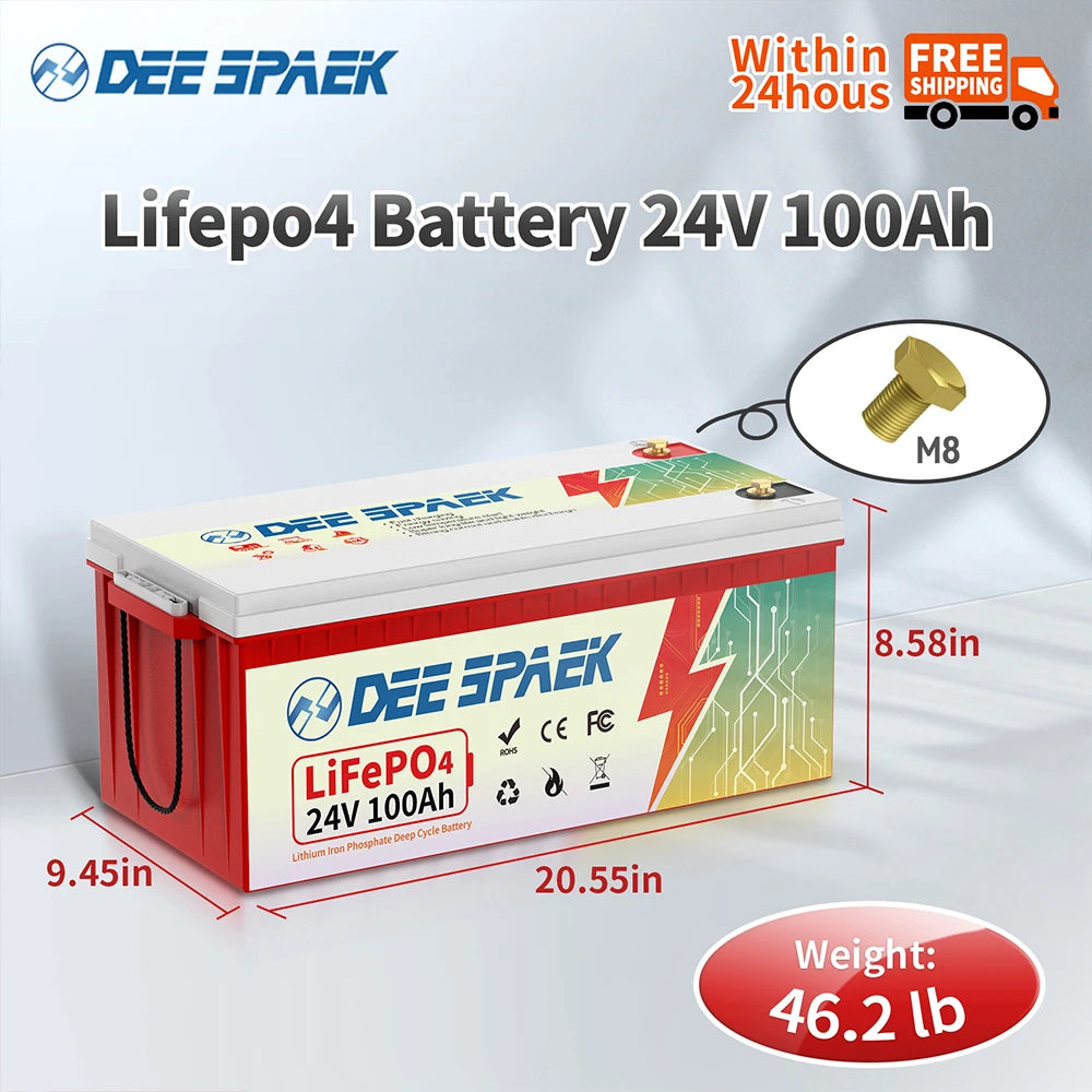 24V 100Ah LiFePO4 Lithium Battery With 100A BMS Cycles Rechargeable Battery 2560W For RV Camper Solar Marine Overland Off-Grid