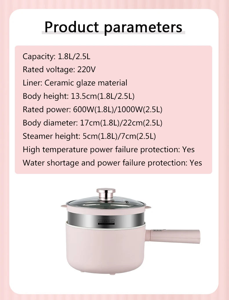 DMWD 1.8/2.5L Household Cooking Pot Electric Rice Cooker Mini Hot Pot Food Steamer Porridge Soup Pot Breakfast Maker Frying Pan