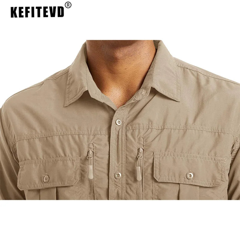 KEFITEVD Quick Drying Long Sleeve Shirts With Chest Pockets Mens Breathable Hiking Shirt Outdoor Walking Camping Work Shirt Tops