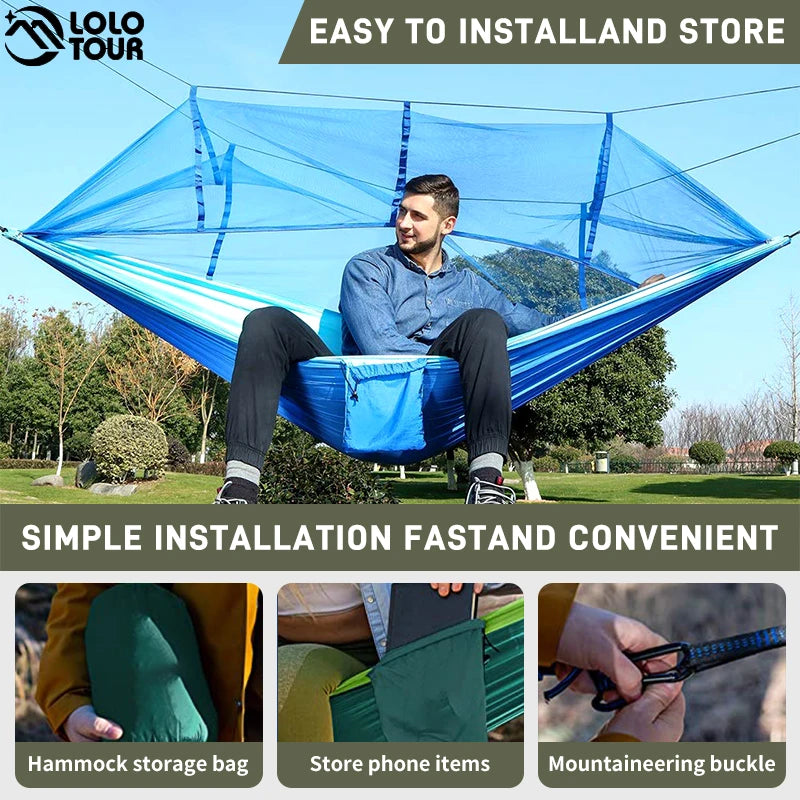 260x140cm Camping Hammock with Mosquito Net Double Travel Hanging Sleeping Bed Swing with Tree Straps for Travel Survival Garden