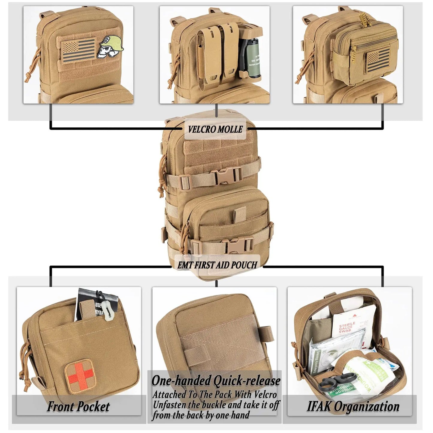 Mini Hydration Bag Tactical 2 In 1 Small MOLLE Hydration Pack Rip Away IFAK Medical Pouch Med Patch Pouch Hunting Bag