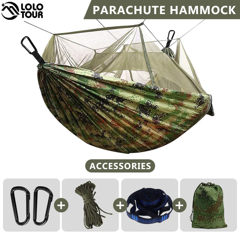 260x140cm Camping Hammock with Mosquito Net Double Travel Hanging Sleeping Bed Swing with Tree Straps for Travel Survival Garden
