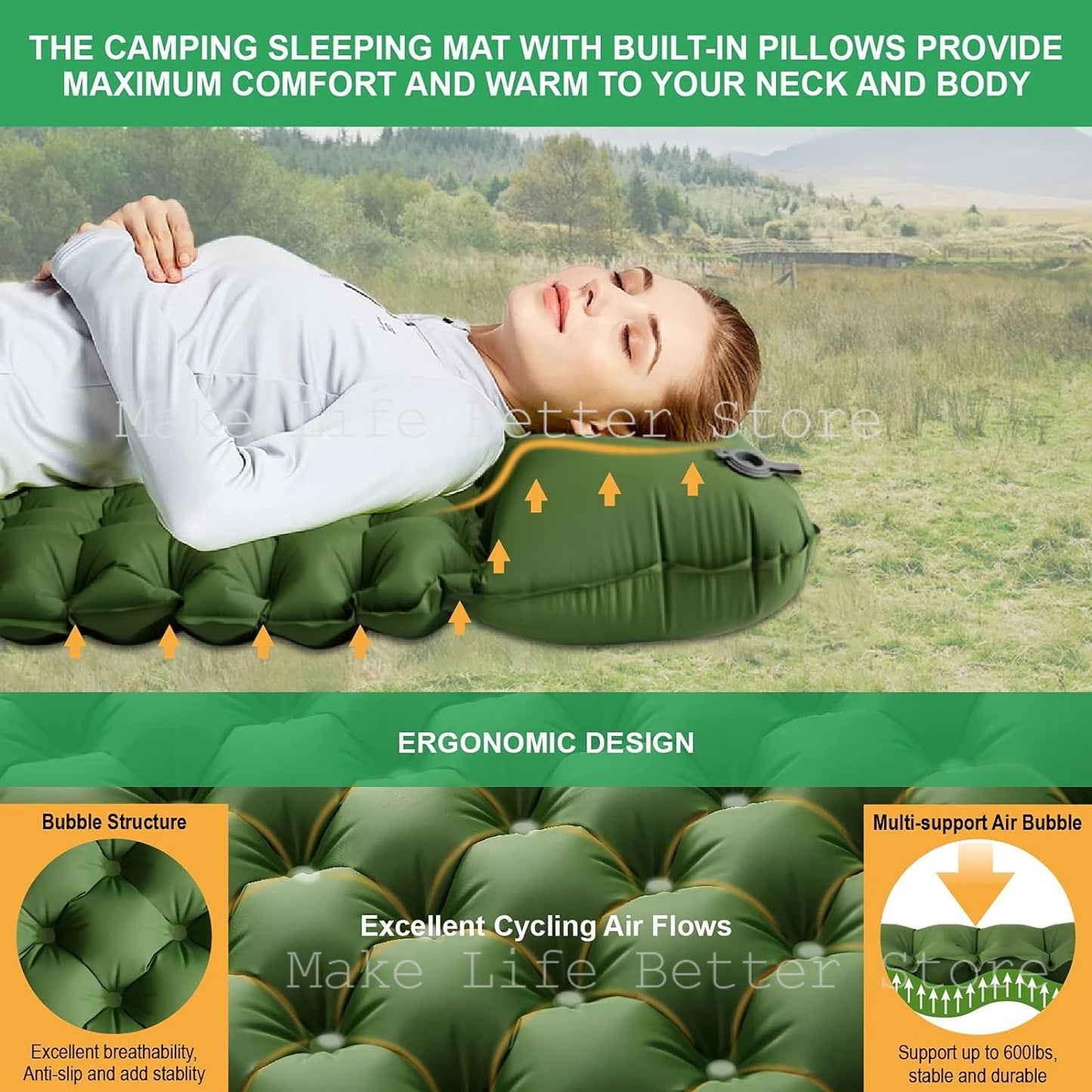 Inflatable Mattress with Built-in Pillow Pump 200x140cm Outdoor Sleeping Bed Vehicle Inflatable Cushion for Car Camping Air Mat