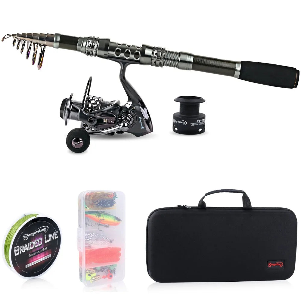 Sougayilang Travel Fishing Kit: Compact Telescopic Rod & Spinning Reel Combo with Carry Bag, Lures, and Line Set