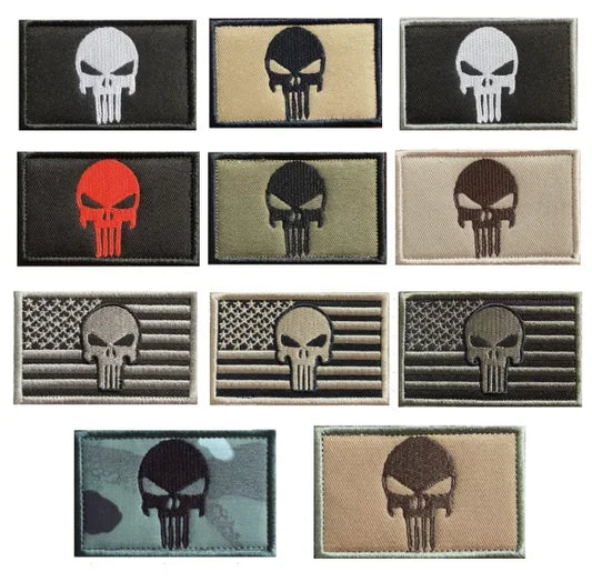 Punish Skull Embroidery Hook&loop Patch USA Flag Skull Morale Badge Multicam Tan Black Cranium Tactical Backpack Cap Attachments