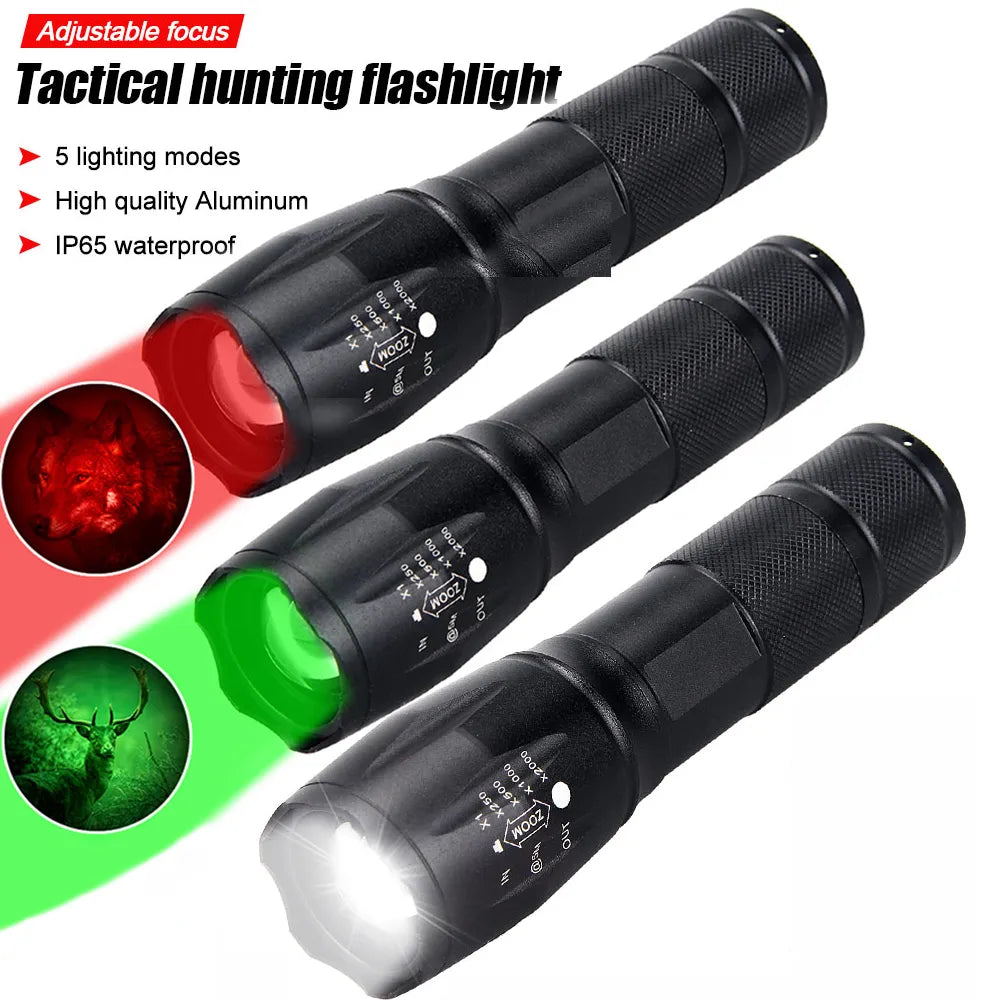 Tactical Light Green/Red/White LED Hunting Flashlight Torch 1-Mode Lamps Light by 18650 Battery No Battery