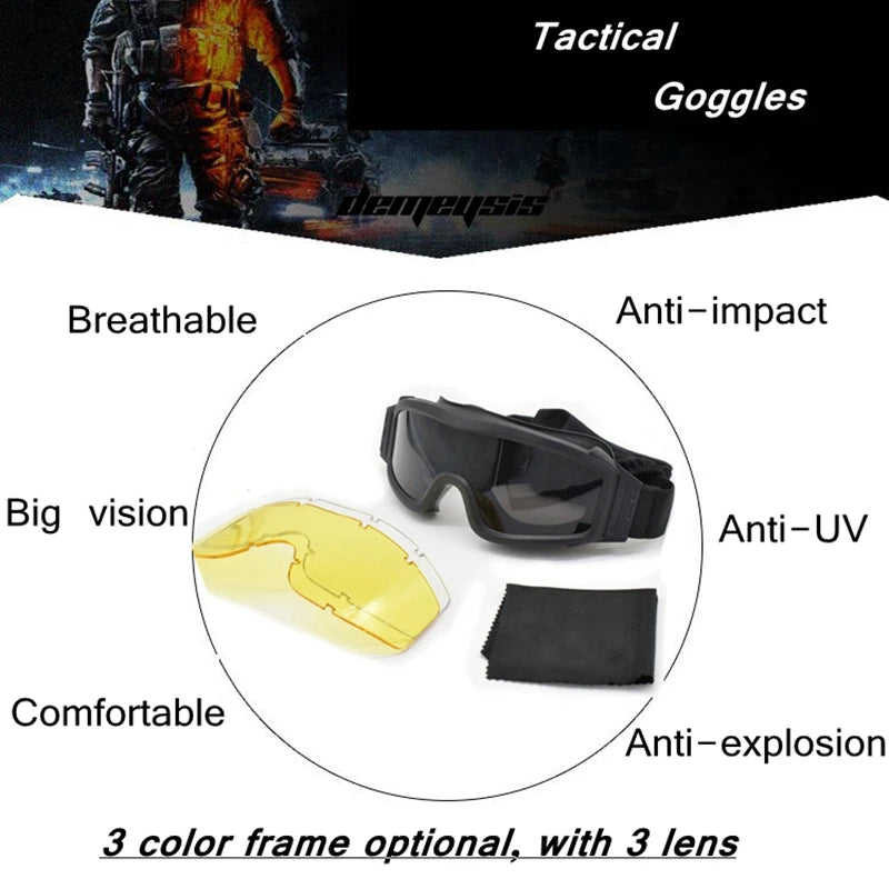 Tactical Goggles with 3 Lens Combat Glasses Military Goggles Airsoft Paintball Eye Protection for Cs Wargame Motorcycle Hiking